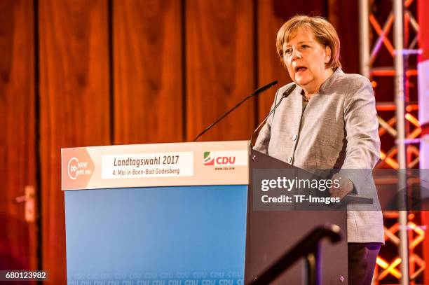 German Chancellor and Chairwoman of the German Christian Democrats Angela Merkel speaks during the CDU campaign rally for state elections in North...