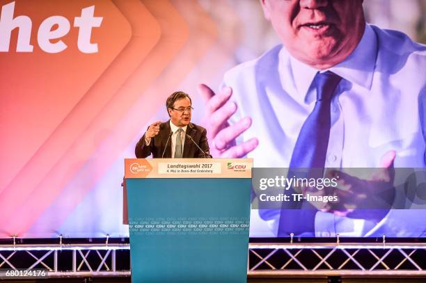 Armin Laschet, local German Christian Democrats lead candidate, speaks during the CDU campaign rally for state elections in North Rhine-Westphalia on...