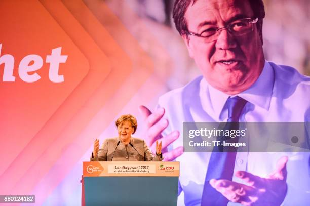 German Chancellor and Chairwoman of the German Christian Democrats Angela Merkel speaks during the CDU campaign rally for state elections in North...