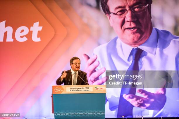 Armin Laschet, local German Christian Democrats lead candidate, speaks during the CDU campaign rally for state elections in North Rhine-Westphalia on...