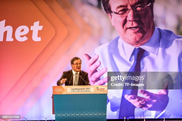 Armin Laschet, local German Christian Democrats lead candidate, speaks during the CDU campaign rally for state elections in North Rhine-Westphalia on...