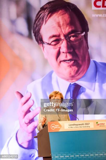 German Chancellor and Chairwoman of the German Christian Democrats Angela Merkel speaks during the CDU campaign rally for state elections in North...