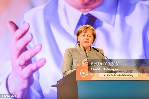 German Chancellor and Chairwoman of the German Christian Democrats Angela Merkel speaks during the CDU campaign rally for state elections in North...