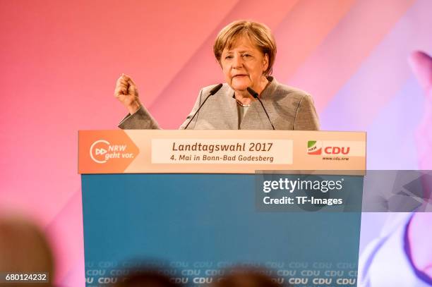German Chancellor and Chairwoman of the German Christian Democrats Angela Merkel speaks during the CDU campaign rally for state elections in North...