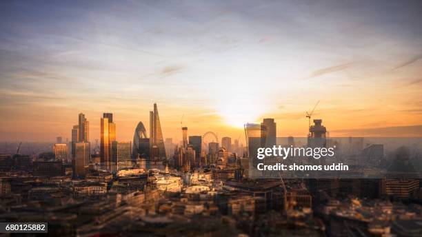 multilayered panorama of london city skyline - aerial view - sunrise sunset panoramic stock pictures, royalty-free photos & images