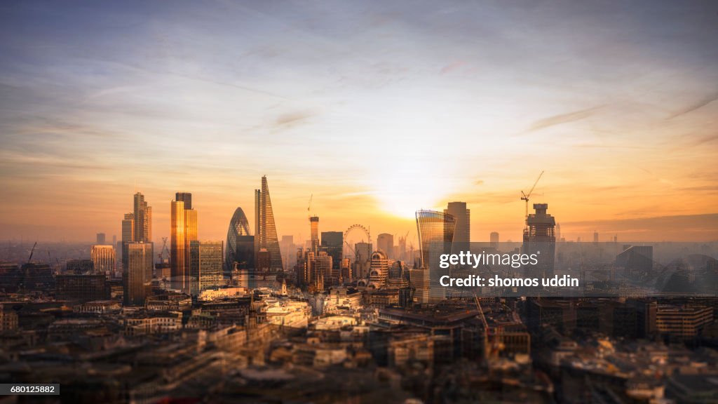 Multilayered panorama of London city skyline - aerial view