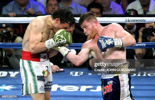 Canelo Alvarez connects with a right uppercut against Julio Cesar Chavez, Jr. On May 6, 2017 at the T-Mobile Arena in Las Vegas, Nevada. Saul...