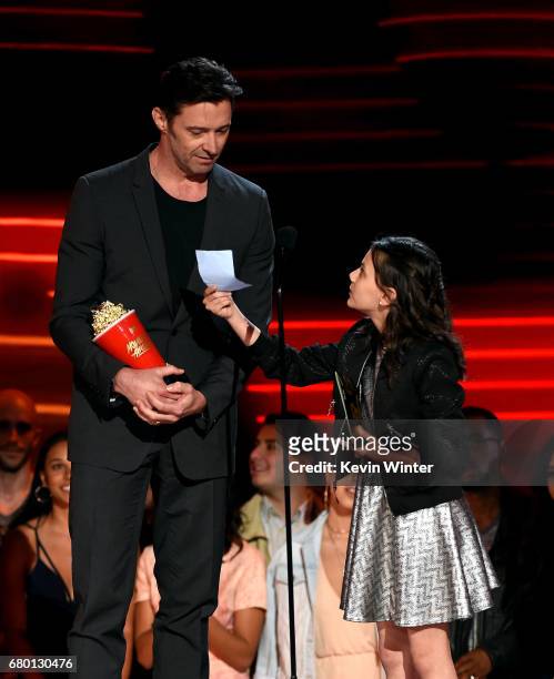 Actors Hugh Jackman and Dafne Keen accept Best Duo for 'Logan' onstage during the 2017 MTV Movie And TV Awards at The Shrine Auditorium on May 7,...