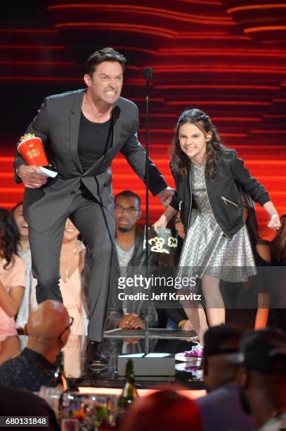 Actors Hugh Jackman and Dafne Keen appear onstage during the 2017 MTV Movie And TV Awards at The Shrine Auditorium on May 7, 2017 in Los Angeles,...