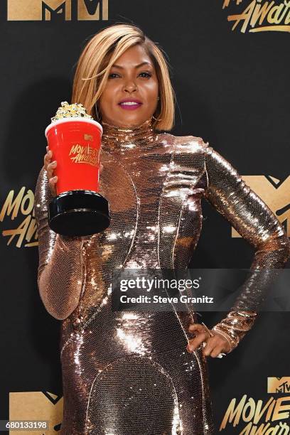 Actor Taraji P. Henson, winner of Best Fight Against the System for 'Hidden Figures', poses in the press room at the 2017 MTV Movie and TV Awards at...