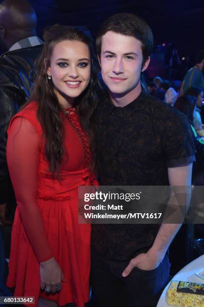 Actors Katherine Langford and Dylan Minnette attend the 2017 MTV Movie And TV Awards at The Shrine Auditorium on May 7, 2017 in Los Angeles,...