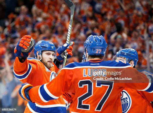 Leon Draisaitl of the Edmonton Oilers celebrates a hat trick goal against the Anaheim Ducks in Game Six of the Western Conference Second Round during...