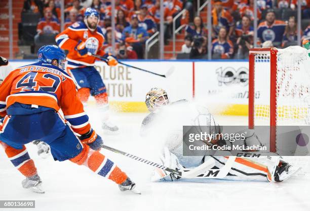 Anton Slepyshev of the Edmonton Oilers scores a goal on goalie Jonathan Bernier of the Anaheim Ducks in Game Six of the Western Conference Second...