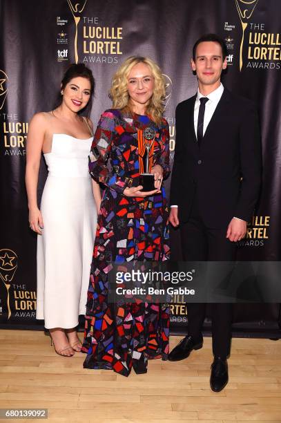 Krysta Rodriguez, Award Recipient Rachel Bay Jones and Cory Michael Smith pose backstage 32nd Annual Lucille Lortel Awards at NYU Skirball Center on...