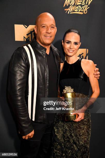 Actors Vin Diesel and Jordana Brewster, winners of the Generation Award, attend the 2017 MTV Movie And TV Awards at The Shrine Auditorium on May 7,...