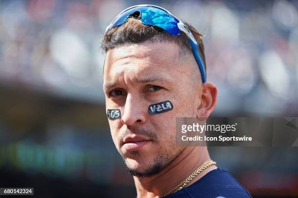 Milwaukee Brewers third baseman Hernan Perez wears SOS Venezuela under his eyes during an MLB game between the Pittsburgh Pirates and the Milwaukee...