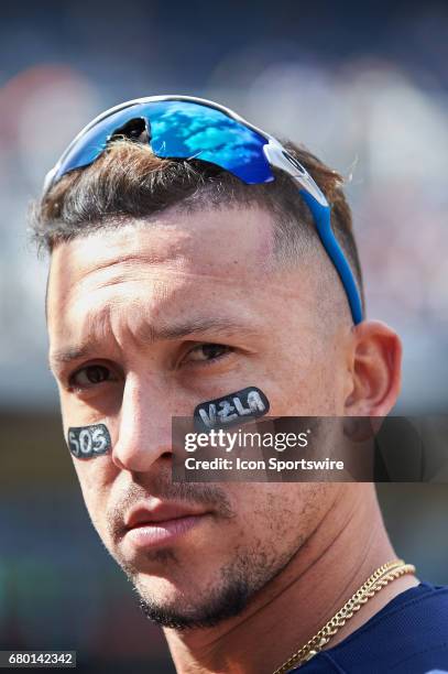 Milwaukee Brewers third baseman Hernan Perez wears SOS Venezuela under his eyes during an MLB game between the Pittsburgh Pirates and the Milwaukee...