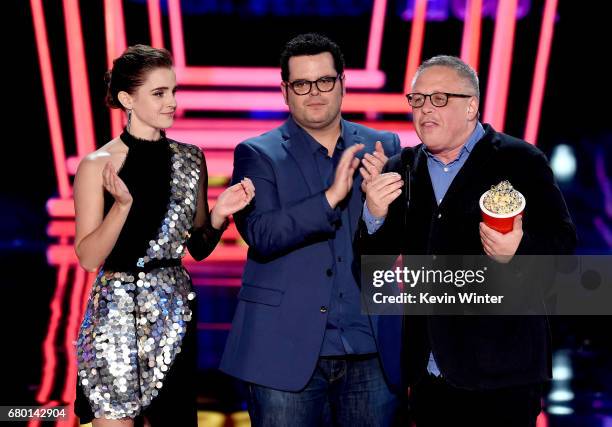 Actors Emma Watson and Josh Gad and director Bill Condon accept Movie of the Year for 'Beauty and the Beast' onstage during the 2017 MTV Movie And TV...