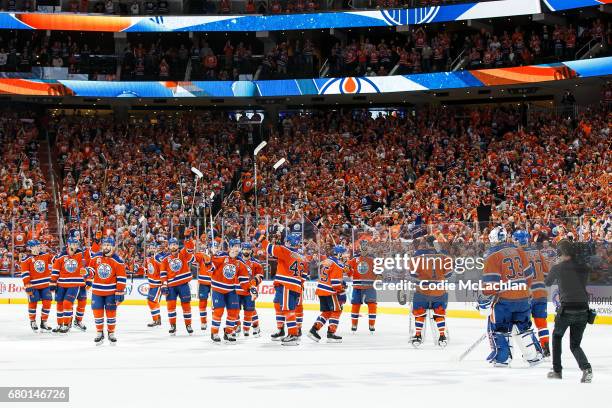 The Edmonton Oilers salute the fans after defeating the Anaheim Ducks 7-1 in Game Six of the Western Conference Second Round during the 2017 NHL...