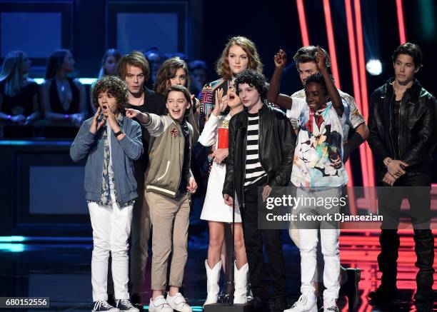 Actors Gaten Matarazzo, Charlie Heaton, Noah Schnapp, Natalia Dyer, Shannon Purser, Millie Bobby Brown, Finn Wolfhard, Joe Keery, and Caleb...