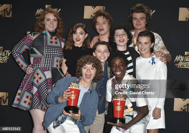 Actors Shannon Purser, Natalia Dyer, Charlie Heaton, Joe Keery, Noah Schnapp, Finn Wolfhard, Millie Bobby Brown, and Gaten Matarazzo and Caleb...