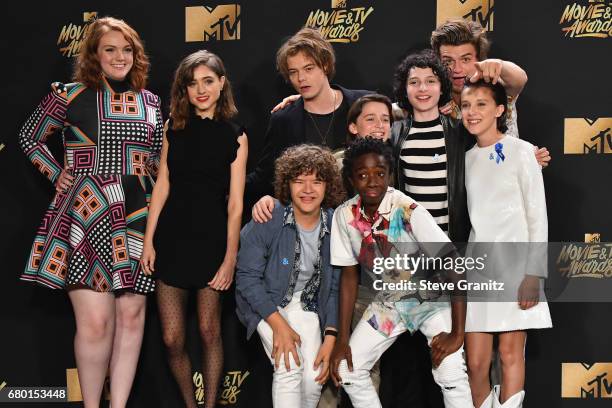 Actors Shannon Purser, Natalia Dyer, Charlie Heaton, Joe Keery, Noah Schnapp, Finn Wolfhard, Millie Bobby Brown, and Gaten Matarazzo and Caleb...