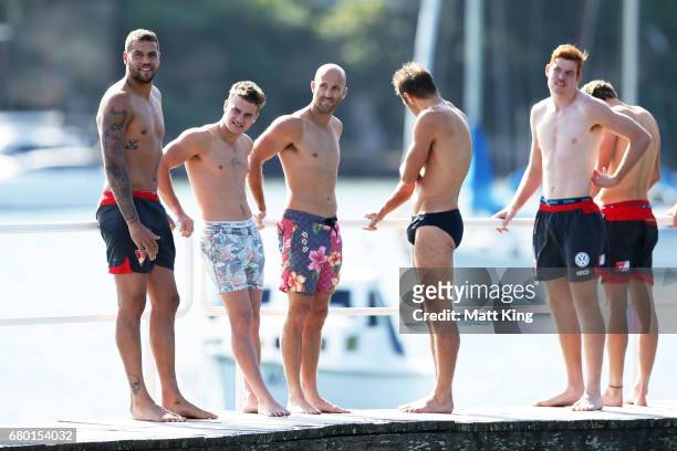 Lance Franklin looks on during a Sydney Swans AFL recovery session at Redleaf Beach on May 8, 2017 in Sydney, Australia.