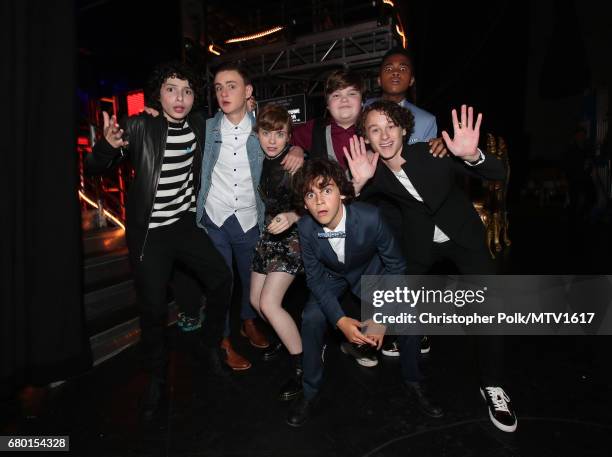 Actors Finn Wolfhard, Jaeden Lieberher, Sophia Lillis, Jack Dylan Grazer, Jeremy Ray Taylor, Wyatt Oleff, and Chosen Jacobs attend the 2017 MTV Movie...