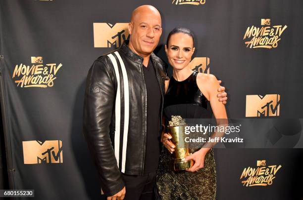 Actors Vin Diesel and Jordana Brewster, winners of the Generation Award, attend the 2017 MTV Movie And TV Awards at The Shrine Auditorium on May 7,...