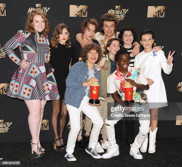 Actors Shannon Purser, Natalia Dyer, Charlie Heaton, Gaten Matarazzo, Caleb McLaughlin, Noah Schnapp, Finn Wolfhard, Joe Keery and Millie Bobby Brown...