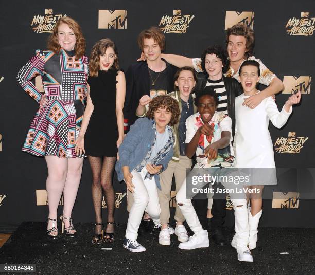 Actors Shannon Purser, Natalia Dyer, Charlie Heaton, Gaten Matarazzo, Caleb McLaughlin, Noah Schnapp, Finn Wolfhard, Joe Keery and Millie Bobby Brown...