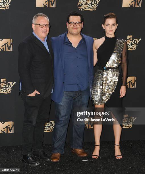 Director Bill Condon and actors Josh Gad and Emma Watson, winners of Movie of the Year for 'Beauty and the Beast', pose in the press room at the 2017...