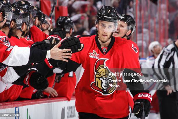 Kyle Turris of the Ottawa Senators celebrates a third period game tying goal scored by teammate Derick Brassard against the New York Rangers in Game...