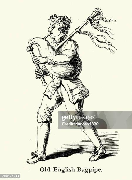 old english bagpipe player - piper stock illustrations