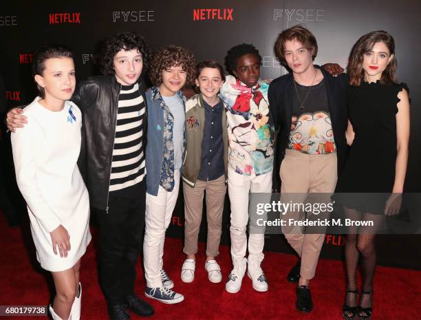 The cast of Stranger Things, actors Millie Bobby Brown, Finn Wolfhard, Gaten Matarazzo, Noah Schnapp, Caleb McLaughlin, Charlie Heaton and Natalia...