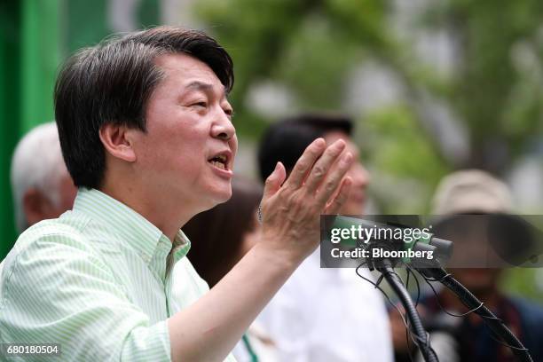 Ahn Cheol-soo, presidential candidate of the People's Party, speaks during a campaign rally at Gwanghwamun Square in Seoul, South Korea, on Monday,...