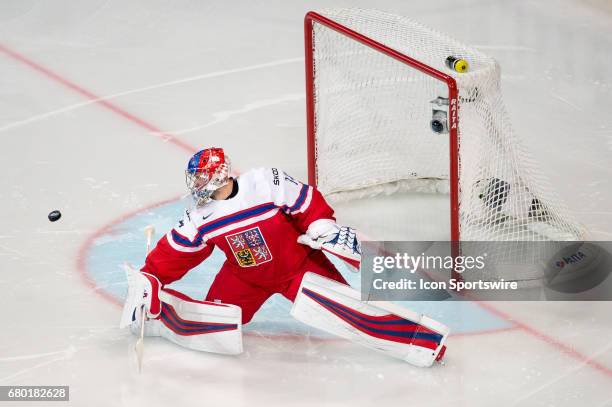 Goalie Petr Mrazek makes a stick save during the Ice Hockey World Championship between Czech Republic and Canada at AccorHotels Arena in Paris,...