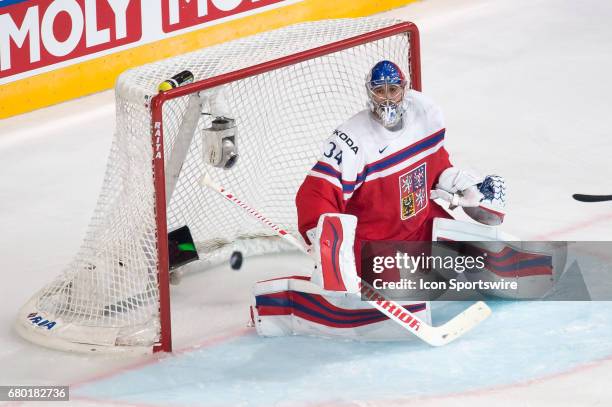 Goalie Petr Mrazek makes a stick save during the Ice Hockey World Championship between Czech Republic and Canada at AccorHotels Arena in Paris,...