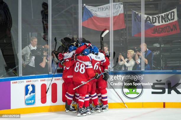 Lukas Radil celebrates his goal with teammates during the Ice Hockey World Championship between Czech Republic and Canada at AccorHotels Arena in...