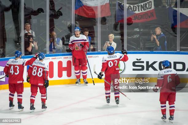 Lukas Radil celebrates his goal with teammates during the Ice Hockey World Championship between Czech Republic and Canada at AccorHotels Arena in...