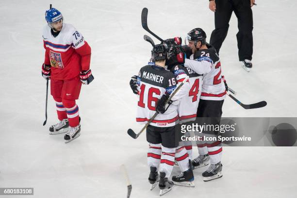 Tyson Barrie celebrates his goal with teammates during the Ice Hockey World Championship between Czech Republic and Canada at AccorHotels Arena in...