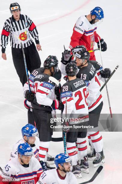 Mike Matheson celebrates his goal with teammates during the Ice Hockey World Championship between Czech Republic and Canada at AccorHotels Arena in...