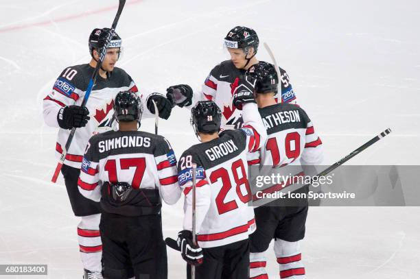 Mike Matheson celebrates his goal with teammates during the Ice Hockey World Championship between Czech Republic and Canada at AccorHotels Arena in...