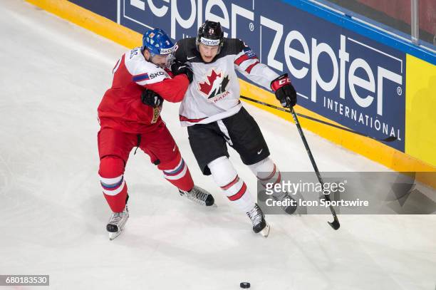 Nathan MacKinnon vies with Radko Gudas during the Ice Hockey World Championship between Czech Republic and Canada at AccorHotels Arena in Paris,...