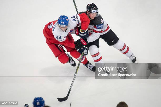 Tomas Kundratek vies with Matt Duchene during the Ice Hockey World Championship between Czech Republic and Canada at AccorHotels Arena in Paris,...