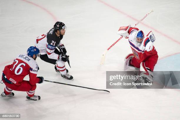 Brayden Point tries to score against Goalie Petr Mrazek during the Ice Hockey World Championship between Czech Republic and Canada at AccorHotels...