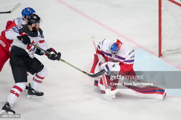 Ryan OReilly tries to score against Goalie Petr Mrazek during the Ice Hockey World Championship between Czech Republic and Canada at AccorHotels...