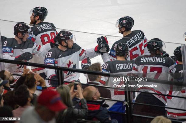 Ryan OReilly celebrates his goal with teammates during the Ice Hockey World Championship between Czech Republic and Canada at AccorHotels Arena in...