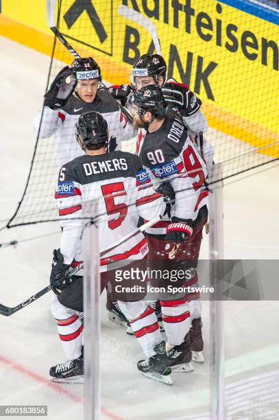 Ryan OReilly celebrates his goal with teammates during the Ice Hockey World Championship between Czech Republic and Canada at AccorHotels Arena in...