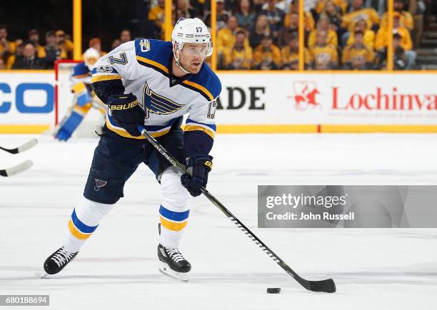 Jaden Schwartz of the St. Louis Blues skates against the Nashville Predators in Game Four of the Western Conference Second Round during the 2017 NHL...